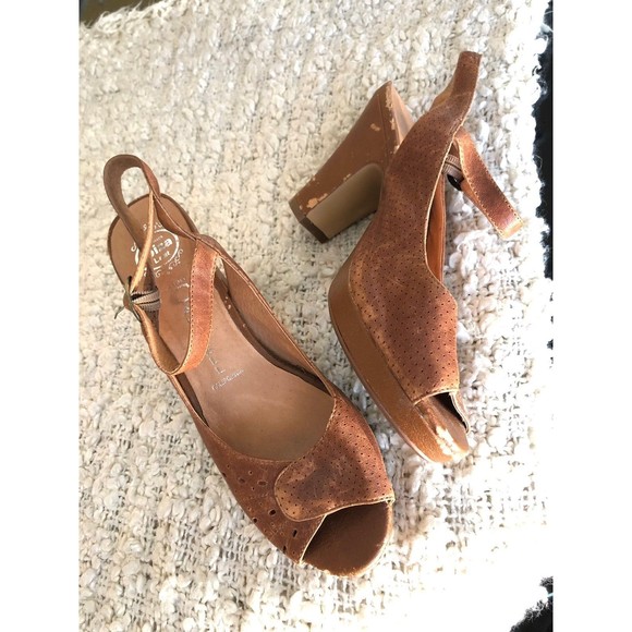 RARE Vtg Jeffery Campbell Handmade Cognac Leather Peep Toe Slingback Heels 9 - Picture 3 of 12
